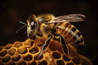 Close up of bee on honeycomb. KI generiert, generiert AI generated