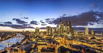 View of the banking district in the evening, skyscrapers of the credit institutions, Mainhatten, in