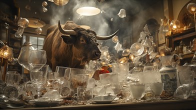 Very large bull with horns running through a China shop filled with glassware. generative AI, AI