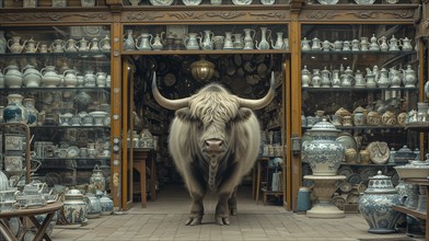 Very large bull with horns in a China shop filled with glassware. generative AI, AI generated