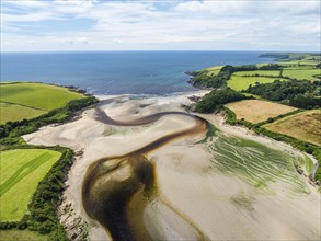 River Emme and Red Cove from a drone, Mothecombe, Plymouth, South Devon, England, United Kingdom,