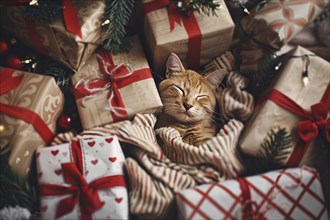 Cat sleeping between Christmas presents. Generative Ai, AI generated