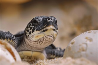 Newly hatched young sea turtle with eggs. Generative Ai, AI generated