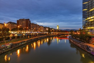 Illuminated Franz-Josefs Quay on the Danube Canal, evening mood, Vienna Austria