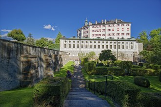 High castle, the Renaissance castle Schloss Ambras with castle park, Innsbruck, Tyrol, Austria,