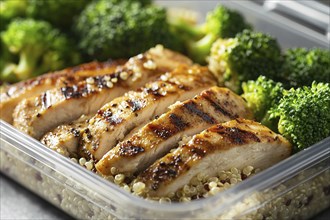 Meal prep with healthy grilled chicken breast, broccoli vegetable and quinoa. Generative Ai, AI