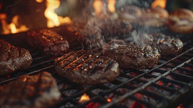 Several beef steaks sizzling on the BBQ. generative AI, AI generated