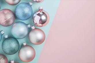 Christmas flatlay with blue and pink colored tree baubles on pastel background with copy space.