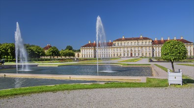 Garden parterre with fountain in front of the New Palace in the Schleissheim Palace complex,