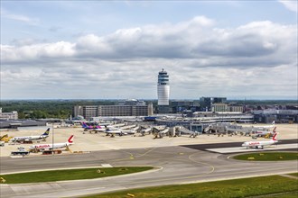 Aerial view of Vienna International Airport in Vienna, Austria, Europe