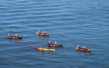 People on kayaks, White Cliffs. Old Harry Rocks Jurassic Coast, Dorset Coast, Poole, England,