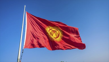 The flag of Kyrgyzstan, Kyrgyzstan, flutters in the wind, isolated against a blue sky, Asia