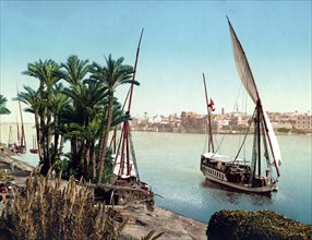 Banks of the Nile and Dahabieh, Cairo, Egypt, 1890, Historic, digitally restored reproduction from