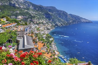 Panorama of the village on the cliffs above the sea, Positano, Amalfi Coast, Amalfitana, Campania,