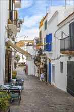 Narrow alley with shops and restaurants in the old town of Eivissa, Ibiza Town, Ibiza, Balearic