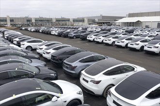 Aerial view of Tesla Y models produced in the Tesla Giga Factory, Grünheide, 28 01 2023