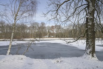 Winter, carp pond, ice, Treptower Park, Treptow, Treptow-Köpenick, Berlin, Germany, Europe