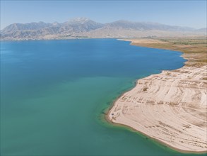 Aerial view, erosion landscape on the Naryn River, Toktogul Reservoir, Kyrgyzstan, Asia