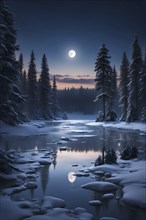 Tranquil winter night scene with a crescent moon and stars shining brightly over a frozen lake,