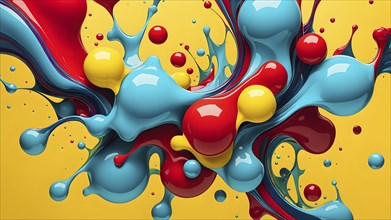 Abstract image with vibrant blue and red blobs and liquid shapes on a yellow background, AI