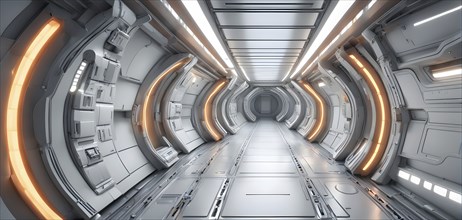 Three dimensional render of futuristic corridor inside a spaceship or space station, AI generated