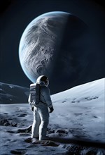 An astronaut stands on a lunar-like surface gazing at an immense planet rising, AI generated