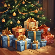 Abstract illustration of wrapped Christmas gifts, shiny ribbons and bows, stacked under a evergreen