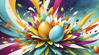 An energetic, abstract explosion of spring colors with egg and flower motifs subtly integrated,