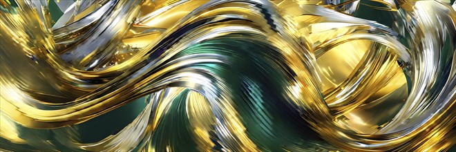 Abstract Illustration of energetic and dynamic swirl of gold, silver, and deep green hues,