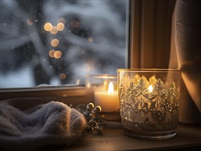 Snow-covered window with frost patterns, candlelight softly glowing through the glass, and warm,