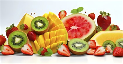 Colorful and artfully arranged slices of fruits like mangoes, strawberries, and kiwi, AI generated