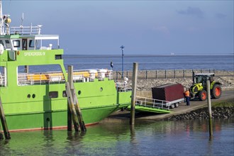 Neuharlingersiel, ferry from, to the island of Spiekeroog, being loaded, Lower Saxony, Germany,