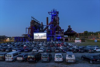 Drive-in cinema Dortmund, against the backdrop of the former blast furnace plant Phönix-West in