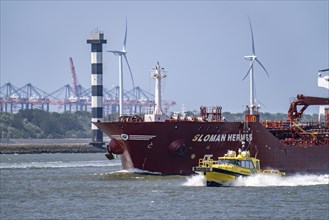 Chemical tanker Sloman Hermes and Crew Transit Vessel SC Emerald, Sima Charters, view from the Hoek