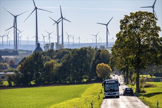 Country road, wind farm above the village of Lichtenau, self-proclaimed energy town, Paderborn