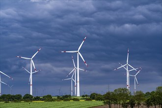 Wind farm east of Geilenkirchen, dark storm clouds, strong wind, North Rhine-Westphalia, Germany,