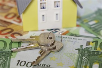 Concept photo with model house, euro notes and coins