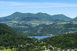 Panoramic view of Lake Chambon and the Sancy massif in the Auvergne Volcanoes Regional Natural