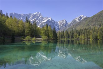 Mangart mountain range reflected in the lower Fusine Lake, Tarvisio, province of Udine, Italy,