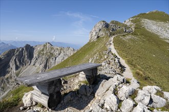 Bench on a hiking trail, Karwendel, Karwendel Mountains, Mittenwald, Werdenfelser Land, Alps,