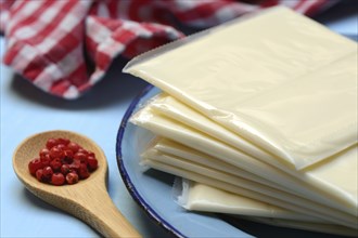 Processed cheese, slices of processed cheese wrapped in plastic and spoon with pink berries, red