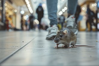 Close up of rat on floor in shopping mall in city. Generative Ai, AI generated