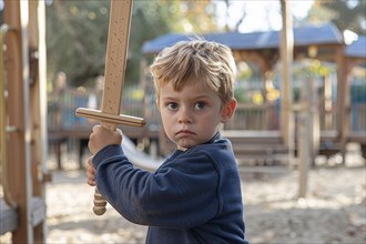 Small boy child playing with wooden toy sword on playground. Generative Ai, AI generated