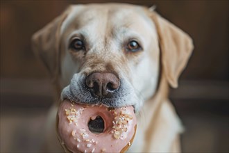 Labrador dog holding pink donut in mouth. Generative Ai, AI generated