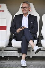 Chairman of the Board Alexander Wehrle VfB Stuttgart, bench, smiles, MHPArena, MHP Arena Stuttgart,