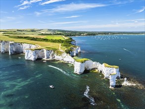 White Cliffs of Old Harry Rocks Jurassic Coast from a drone, Dorset Coast, Poole, England, United