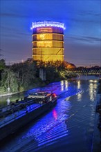 Neue Mitte Oberhausen, Gasometer exhibition hall, after renovation, Rhine-Herne Canal, evening