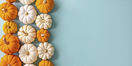 Banner with orange and white pumpkins on pastel blue background with copy space. Generative Ai, AI