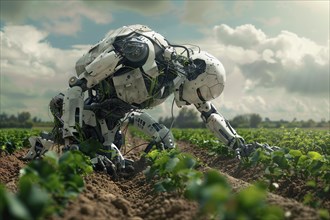 Vegetable humanoid robot working in a crop field, AI generated