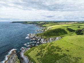 Cliffs over Mothecombe Beach and Red Cove from a drone, River Emme, Mothecombe, Plymouth, South